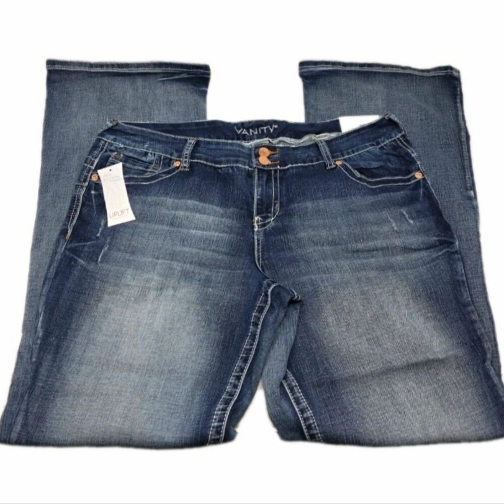 Vanity Uplift Orange Stitch Flare Blue Jeans 33x33 Mid-rise Women's NWT - Picture 4 of 15
